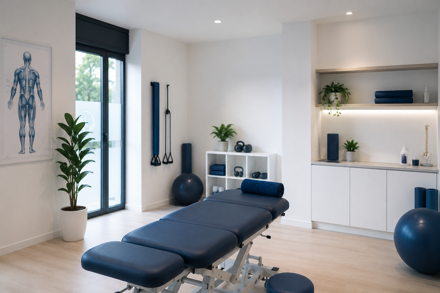 Bryanston Physio Practice treatment room with a plinth, natural light and clinic equipment